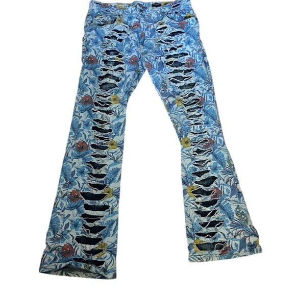 Copper & Rivet Mens Stacked Fit Distressed Floral Jeans 40 - Picture 2 of 6